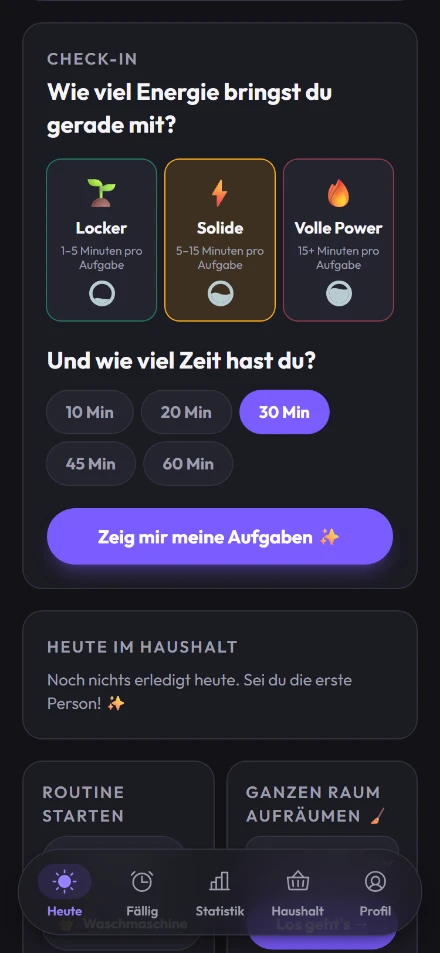 Check-in in der App: Auswahl von Energie und Zeit, darunter der Knopf „Zeig mir meine Aufgaben“