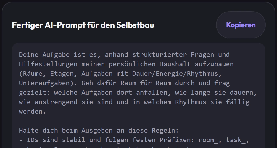 Der Anfang der Karte „Fertiger AI-Prompt für den Selbstbau“ im Importer, mit Kopieren-Knopf