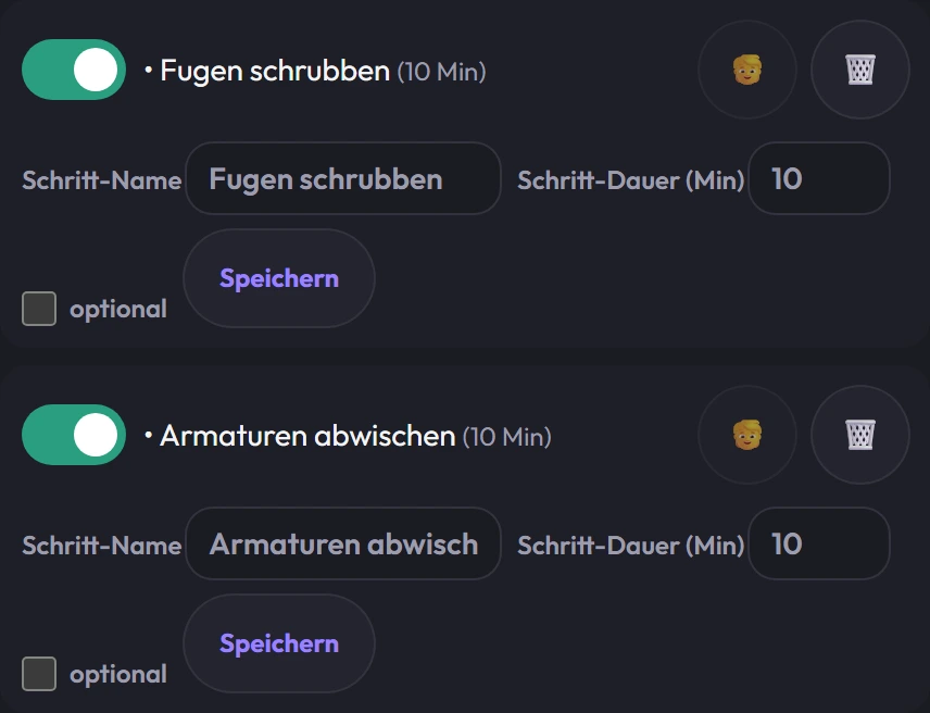 Die Unteraufgaben-Bearbeitung einer Aufgabe: „Fugen schrubben“ und „Armaturen abwischen“, je mit Schalter, Name, Dauer und Speichern-Knopf